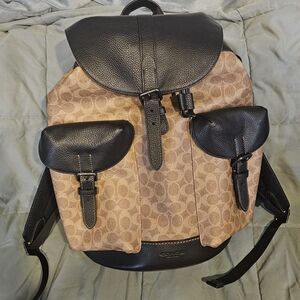 Coach Brown Signature Canvas Backpack with Black Leather Trim